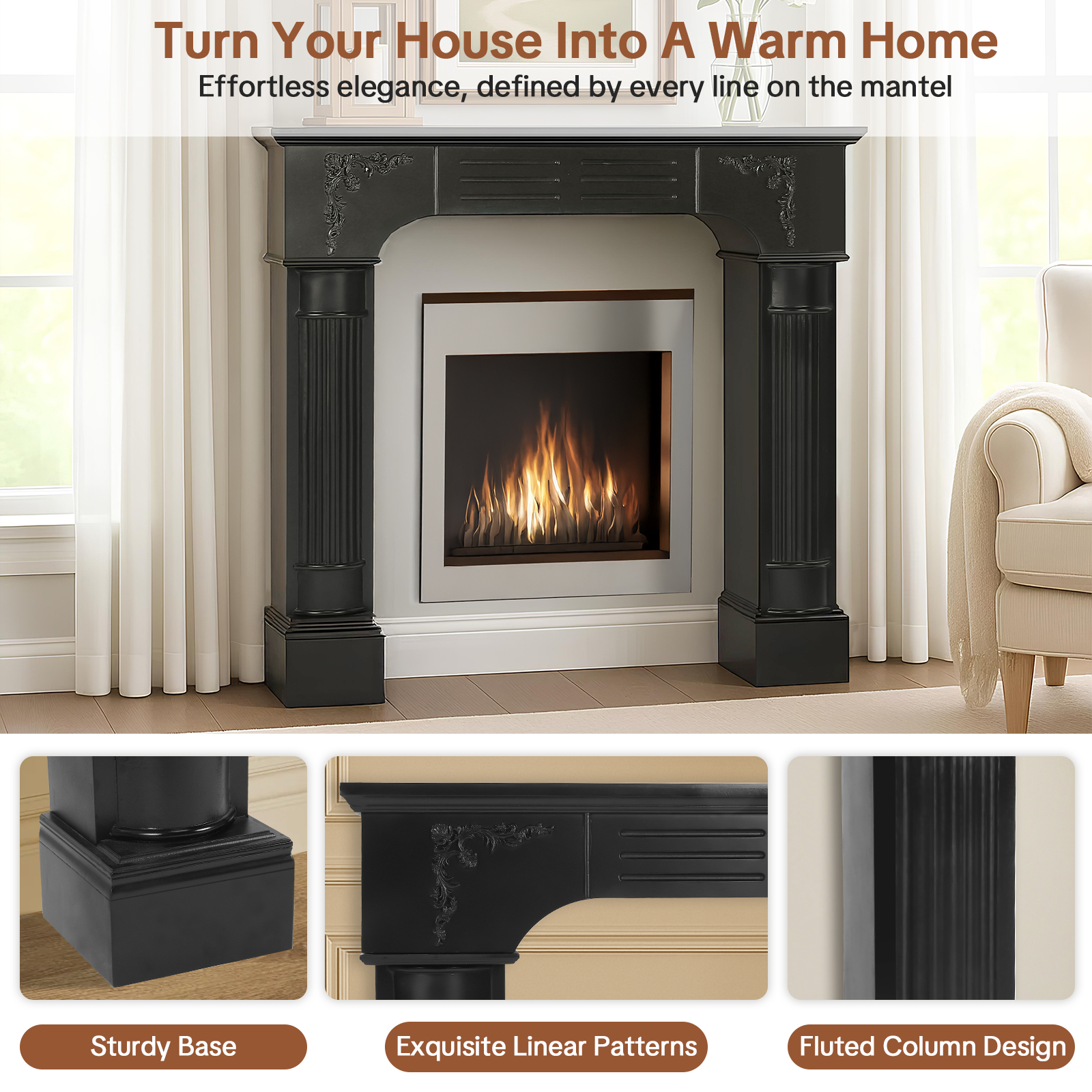 OUINCH 43.3" Fireplace Mantel, Freestanding Fireplace Surround with Leg for Electric Fireplaces, MDF Mantel Surround with Shelf for Living Room with Decorative Pattern, Anti-Tipping & Waterproof