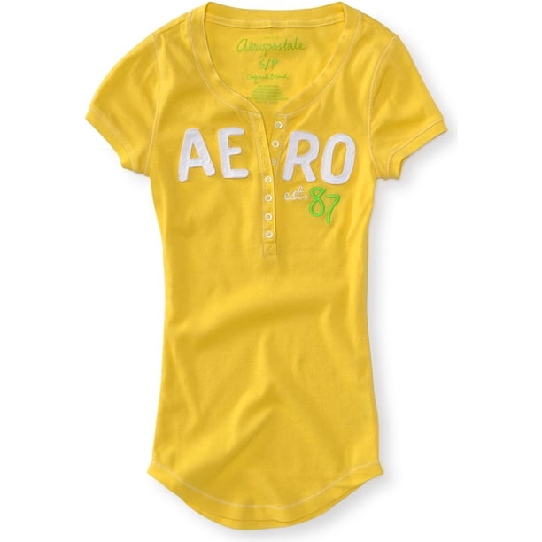 Aeropostale - Camiseta henley con mangas adornadas para mujer, color amarillo, pequeño