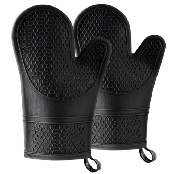12.5-Inch Silicone Oven Mitts, 1 Pair Extra Long Heat Resistant Kitchen Gloves with Cotton Lining, Waterproof Non-Slip Pot Holders for Baking, Cooking and Grilling, Black