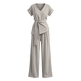 thumbnail image 3 of Linen Sets for Women 2 Piece Outfits Casual Half Sleeve Tops and Long Wide Leg Pants Tracksuits Lounge Set Casual Loungewear Going Out Vacation Fall Fashion Outfits, 3 of 4