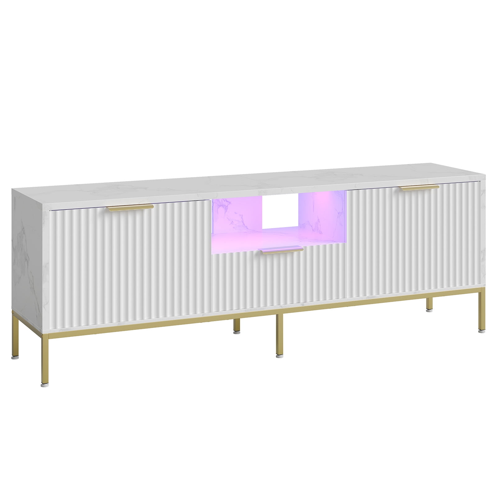Bestier 55" LED TV Stand for TVs up to 60" Modern High Gloss Entertainment Center with Drawers Cabinets Fluted TV Console, White Marble & Gold