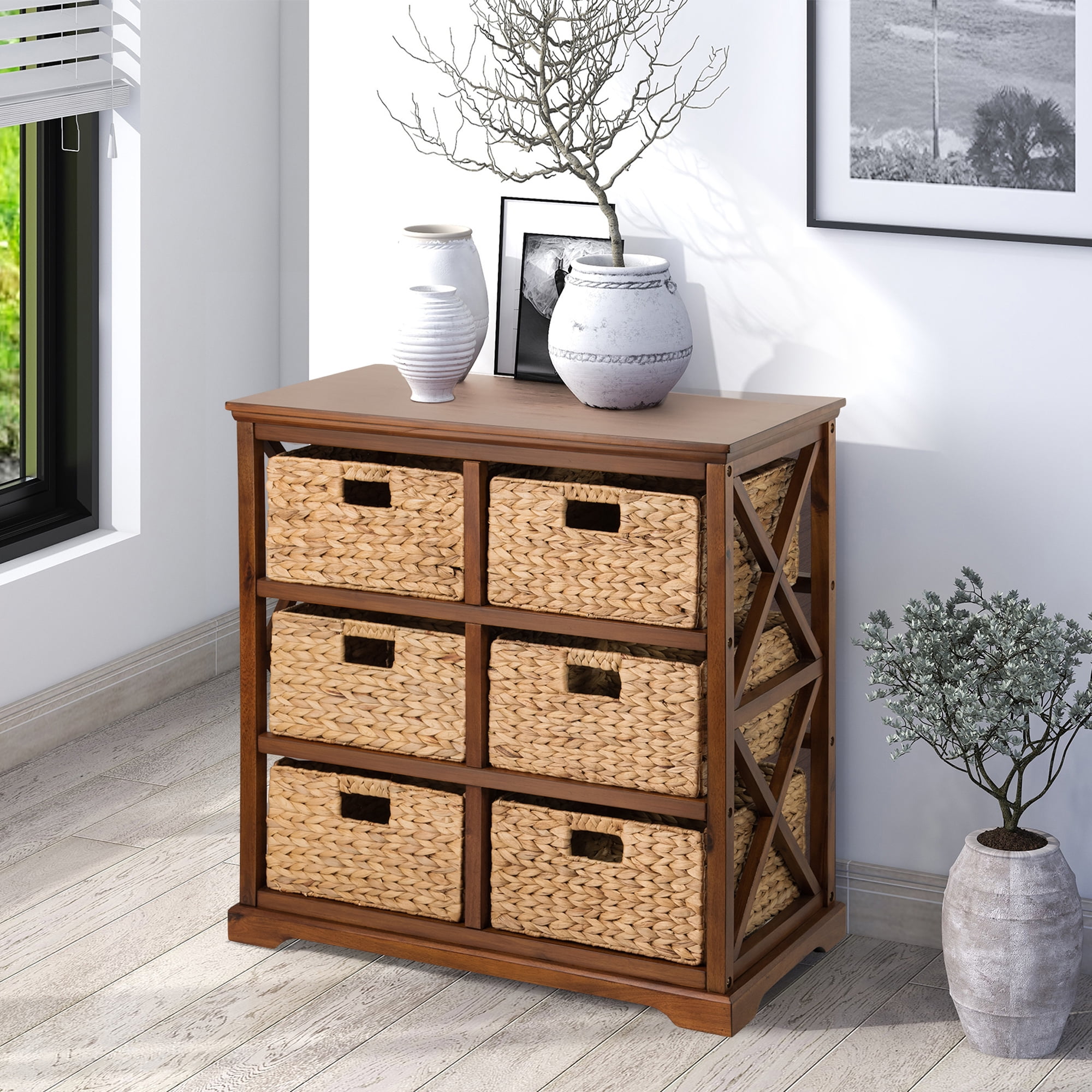 Hampton Meadows 3 Tier X-Side End Storage Cabinet with 6 Wicker Baskets, Walnut