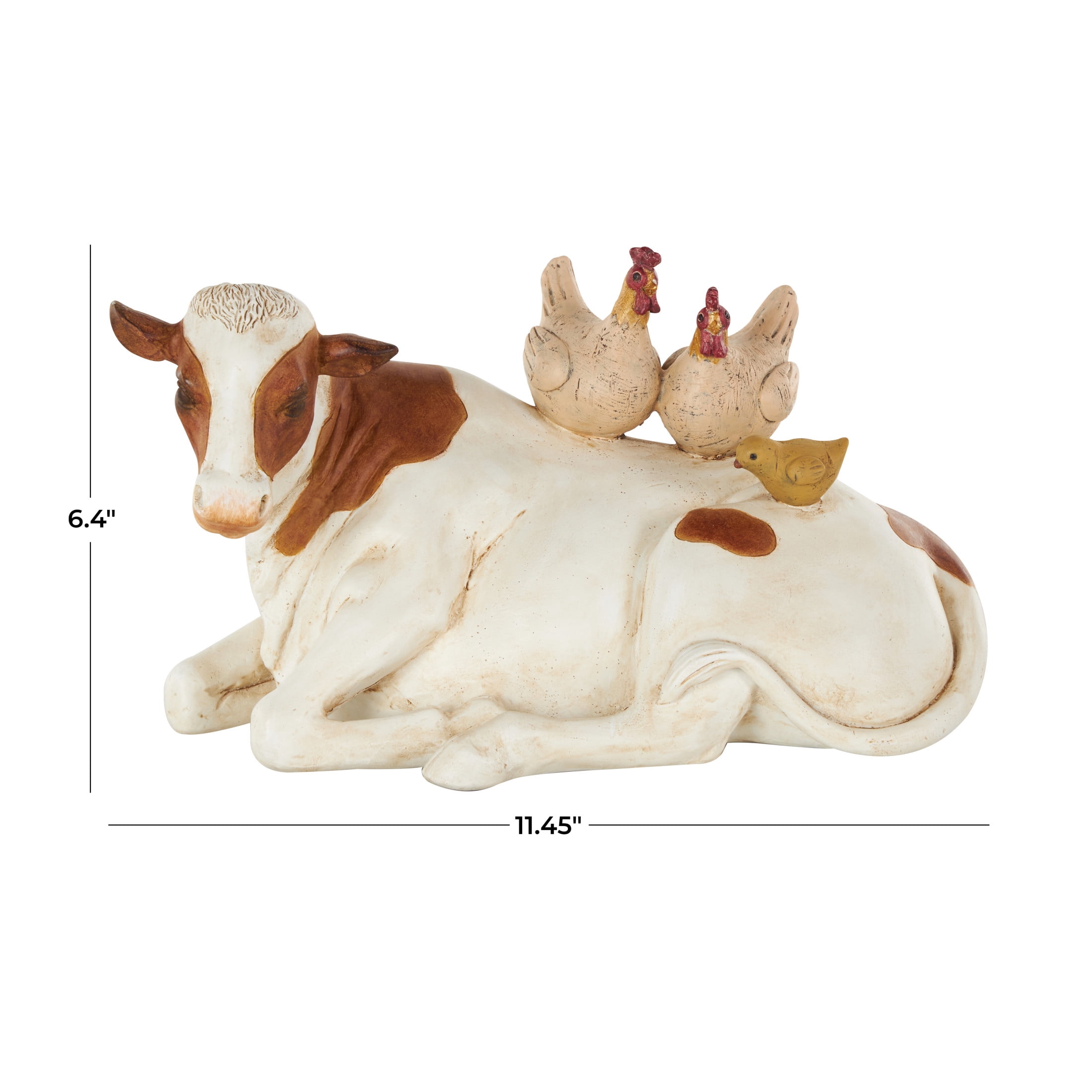 11" x 6" Cream Polyresin Sleeping Cow Sculpture with Sitting Roosters and Chicks, by DecMode