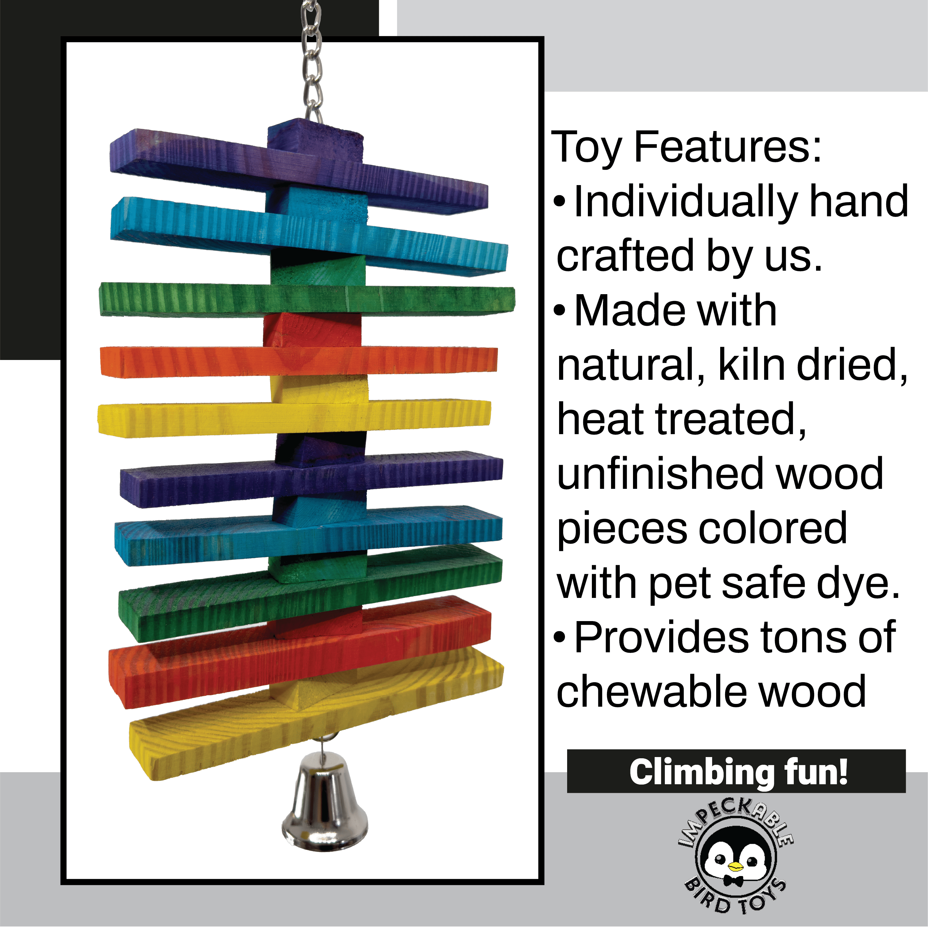 Impeckable Bird Toys 1812 Medium Rainbow Slat Climber made of colorful wood slats with bell and chain for climbing and chewing, handcrafted by us for medium to large parrots like Greys Amazons