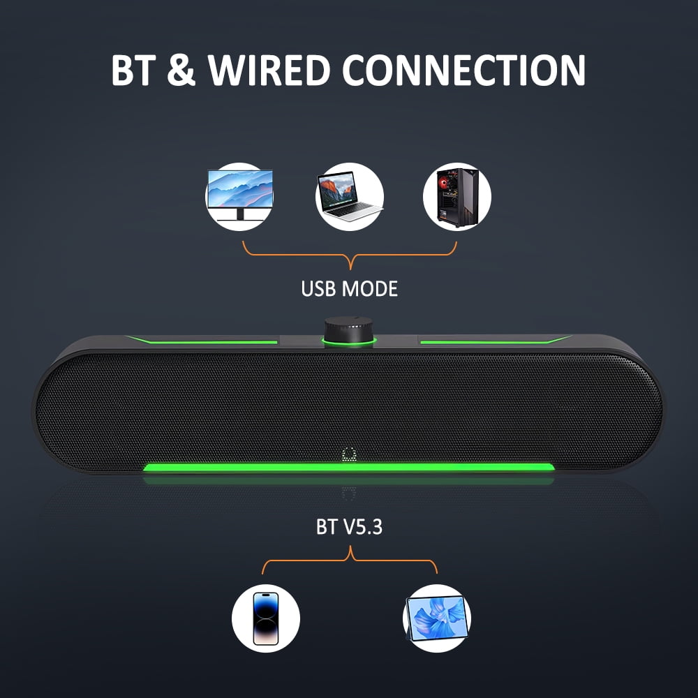 HiFi Stereo Bluetooth Computer Speakers, 2x3W Dual Drivers & Bass Diaphragms, USB Wired + Bluetooth Dual Connection, Top Volume Knob, Colorful Breathing LED for PC, Desktop, Laptop & Monitor