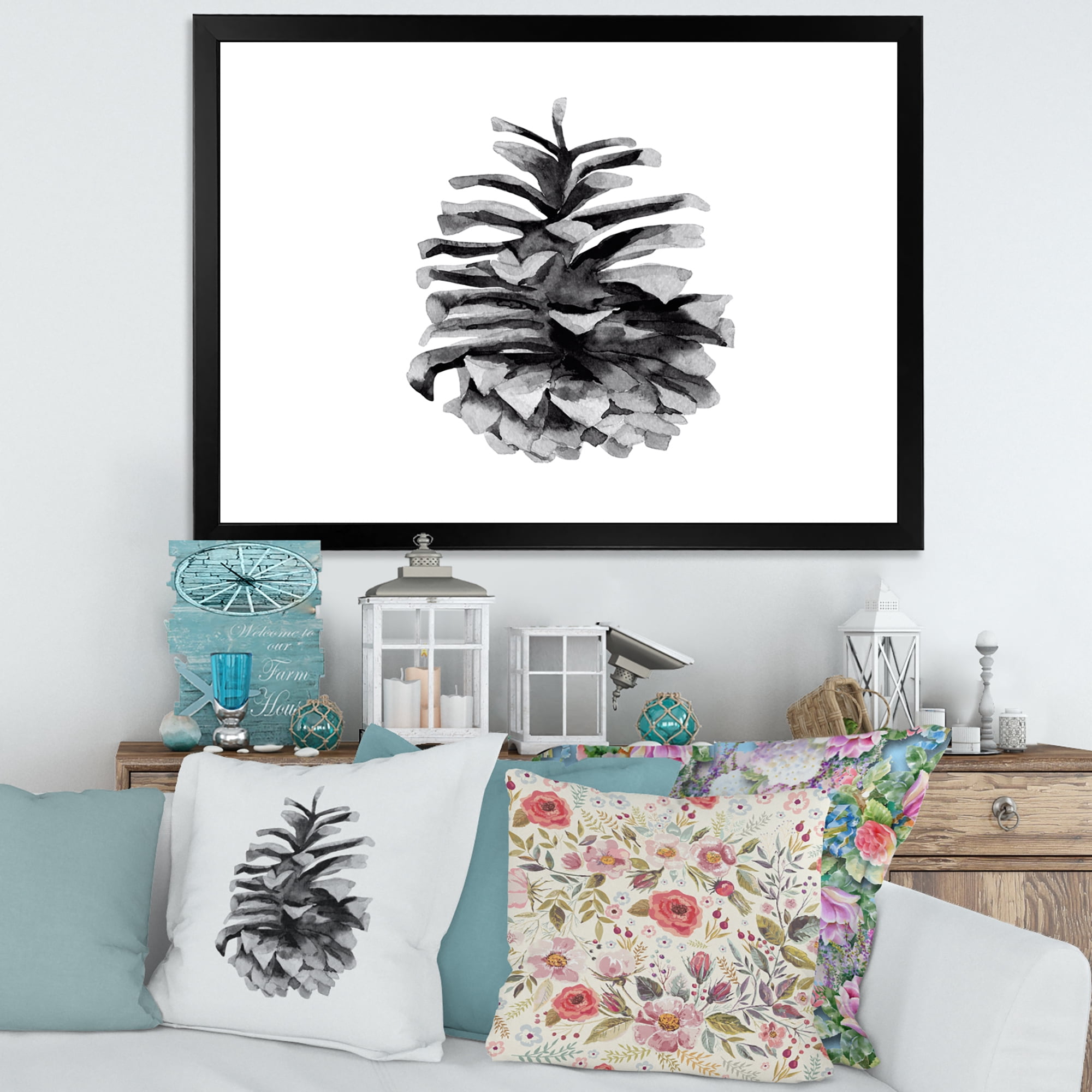 Designart 'Conifer Cone Black and White' Traditional Framed Art Print