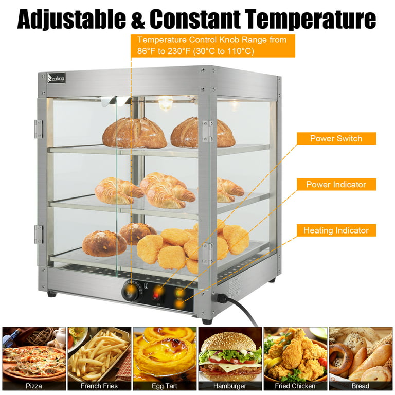 VEVOR 110V 14 inch Commercial Food Warmer Display 3-Tier 800W Electric bun  warmer Display 86-185 Tempered-Glass Door Pastry Display Case with 2 Trays  & 1 Bread Tong for Restaurant Hamburger Pizza 