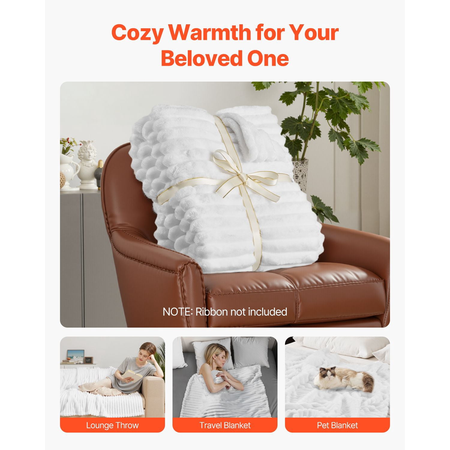 Double-Sided Fleece Blanket 50x60 Inches, Soft and Skin-Friendly Flannel, Lightweight and Warm, Machine Washable, Classic White Ribbed Design for Home and Travel