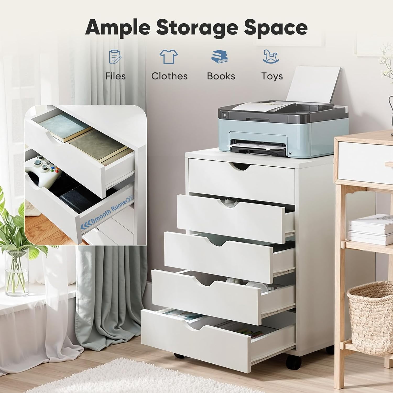 Nextay 5-Drawer Mobile File Cabinet with Wheels, Under Desk Wood Storage Organizer and Printer Stand for Home Office, 15.75"D x 18.74"W x 25.39"H