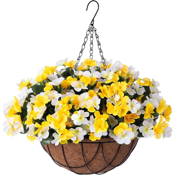 Artificial Hanging Flowers with 12" Basket Outdoor Spring Decor, Fake Hydrangea UV Resistant Arrangements in Pot Planter Decor for Indoor Porch Garden Yard(Double Lotus)