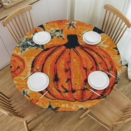 

Ullo0ord Orange Halloween Pumpkin Table Cloth Round Fitted Tablecloths with Elastic Edge Cartoon Funny Ghost Wipeable Waterproof Table Cover for Kitchen Wedding 46 -50