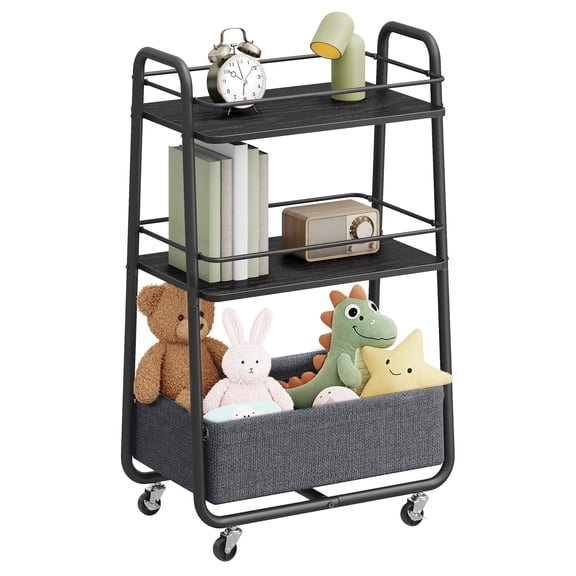 VASAGLE LILEA Collection - Storage Cart with Fabric Basket, 3-Tier Rolling Utility Cart with Wheels and Shelves,Ebony Black and Slate Gray