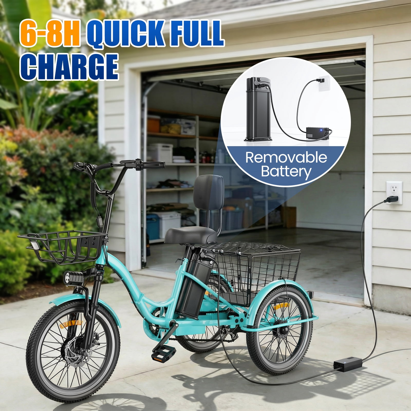 Flycity Electric Tricycle for Adults, Peak 1200W Electric Trike with 48V 15Ah Removable lithium battery, 20" 7 Speeds 3 Wheels Electric Bikes, Green