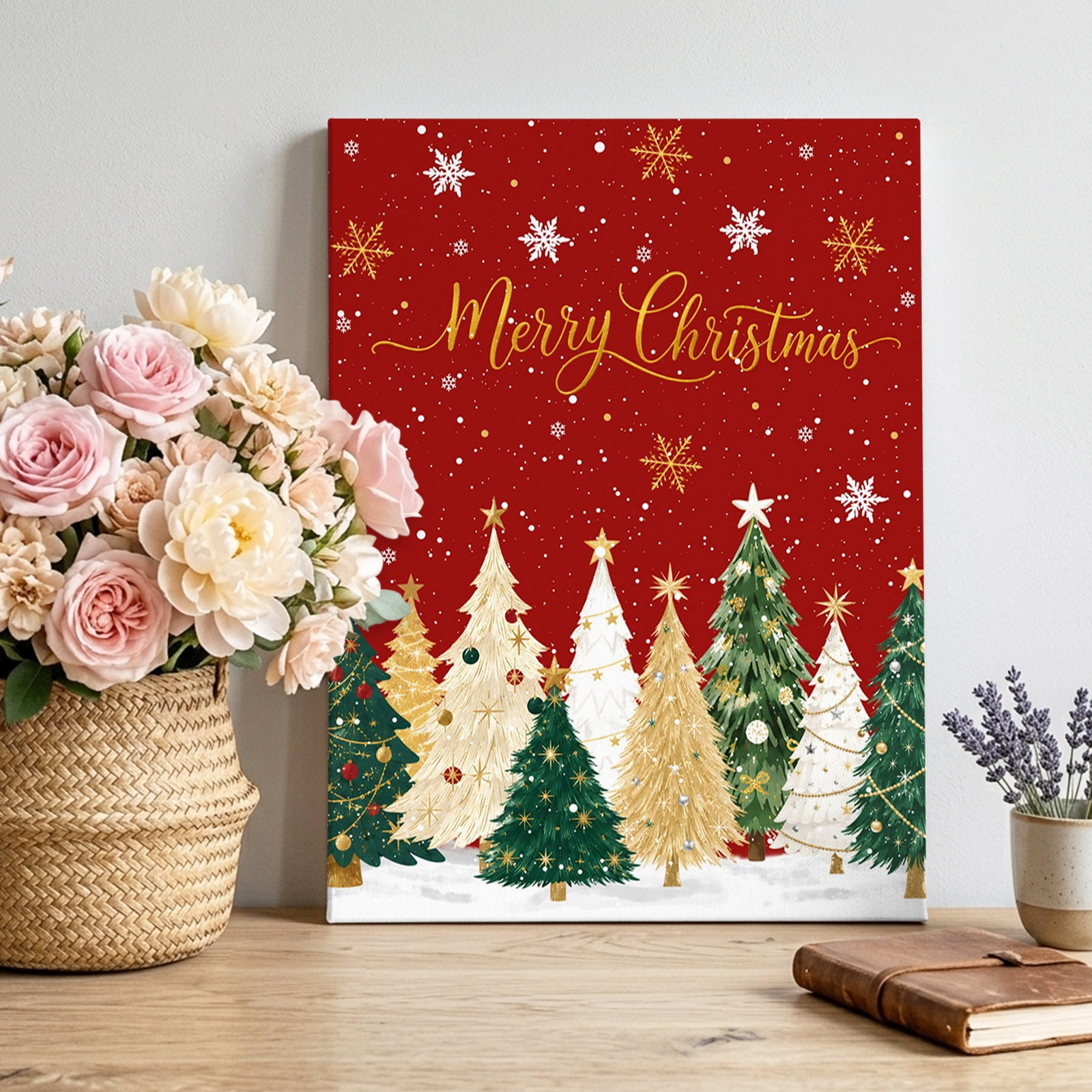 Merry Christmas Canvas Wall Art Winter Gold Green Xmas Tree Country Red Backdop Pictures Wall Decor Wooden Framed Artwork Art Prints for Living Room Hallway Bedroom Office 16 x20