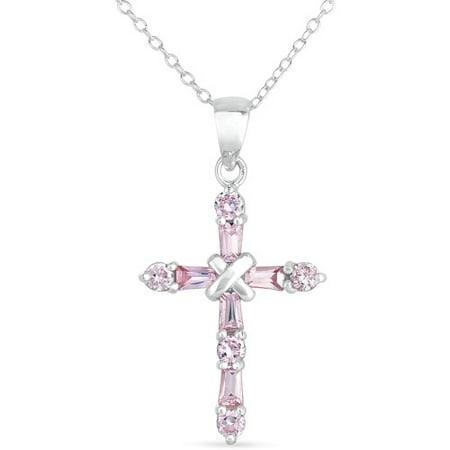 Pink CZ Sterling Silver Cross Pendant, 18