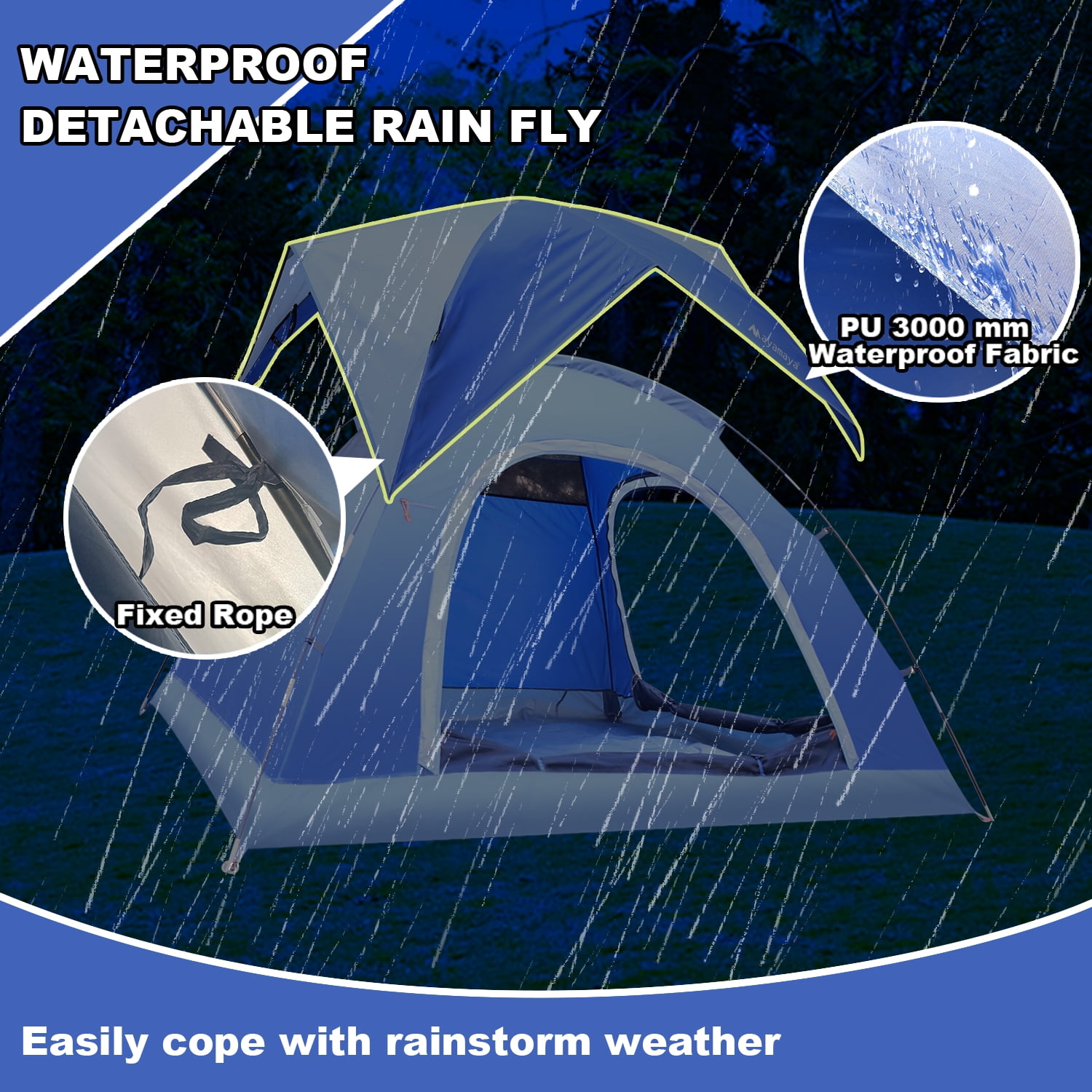 AYAMAYA 4 Person Camping Tent, Outdoor Dome Tents with Double Mesh Door & Removable Rainfly, Windproof & Waterproof Easy Setup, Lightweight Tentsfor Backpacking,Hiking-Blue