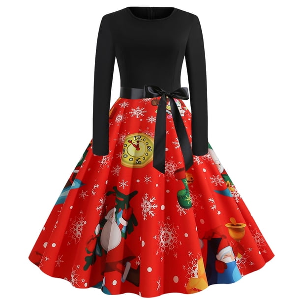 Moda para mujer Bowknot A Line Flare Vestido vintage Prom Swing Manga larga Impresión Navidad Vestido de fiesta de Navidad Fridja nbo2414