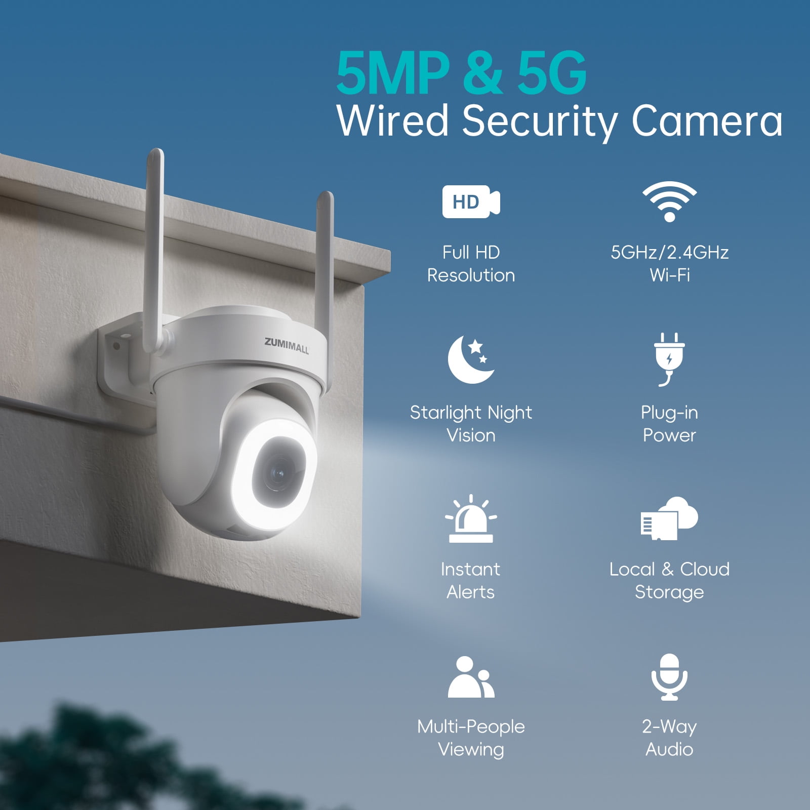 ZUMIMALL 2 Pack 5MP Wired Security Camera, 360° PTZ Auto Tracking, 2.4/5GHz WiFi, Indoor Outdoor, 24/7 Recording, White
