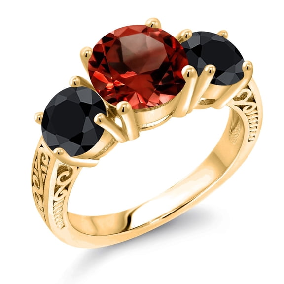 Gem Stone King 18K Yellow Gold Plated Silver Red Garnet and Black Sapphire Engagement Ring for Women | 4.80 Cttw | Round 8MM | Gemstone January Birthstone | Size 9