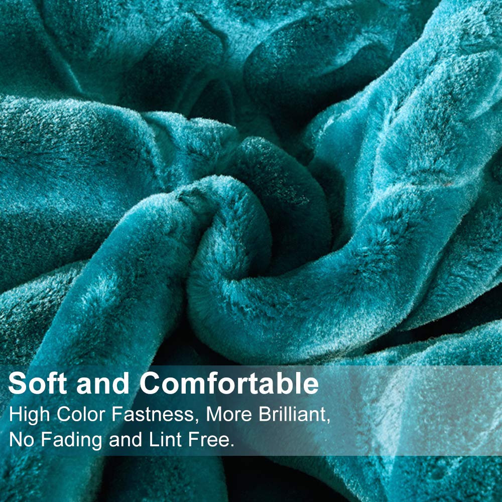 Heavy Thick Fleece Blanket King Size, 9lbs,1 Ply Silky Soft Warm Flower Embossed Raschel Winter Blanket, Minky Soft Plush Blanket for Sofa Bed, 85"x95", Teal