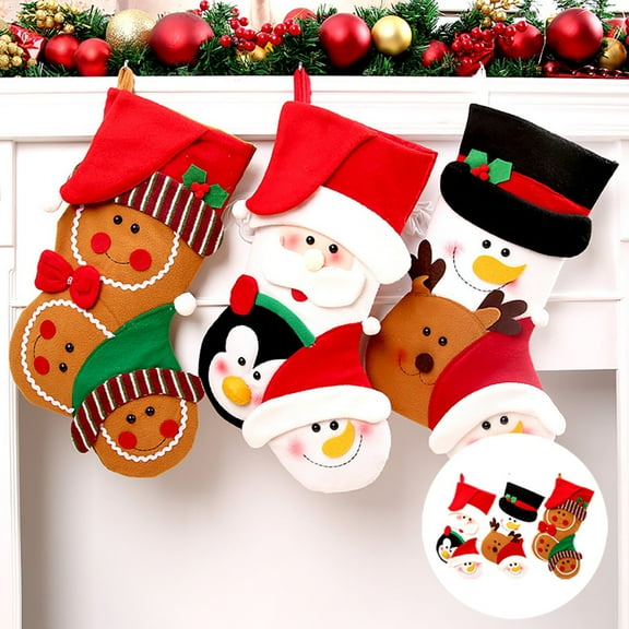 Floleo Large Christmas Stockings With Cute 3D Plush Santa Snowman Gingerbread Man Penguin And Reindeer For Fireplace Hanging Christmas Decorations And Party Decor