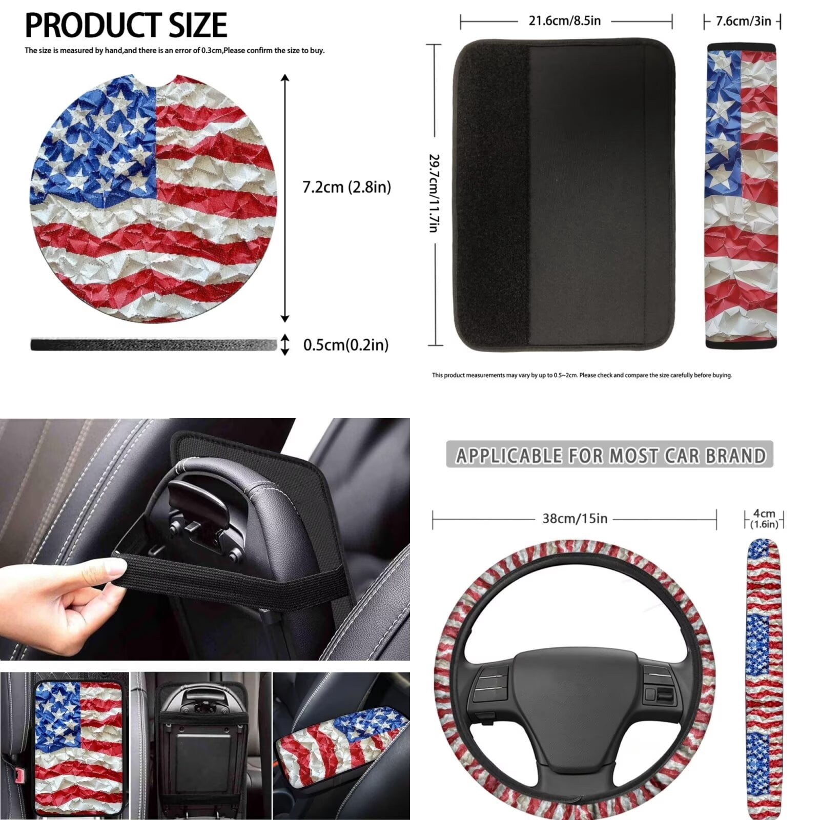 LedBack American Flag Car Seat Cover Full Set for Women Men, Non Slip Seat Covers with Steering Wheel Cover Armrest Pads Seat Belt Cover Coaster Universal Fits Most Vehicles Car Accessories
