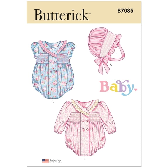 Butterick Sewing Pattern 7085 - Babies' Romper with Sleeve Variations and Bonnet in sizes S-M-L, Size: A(S-L)