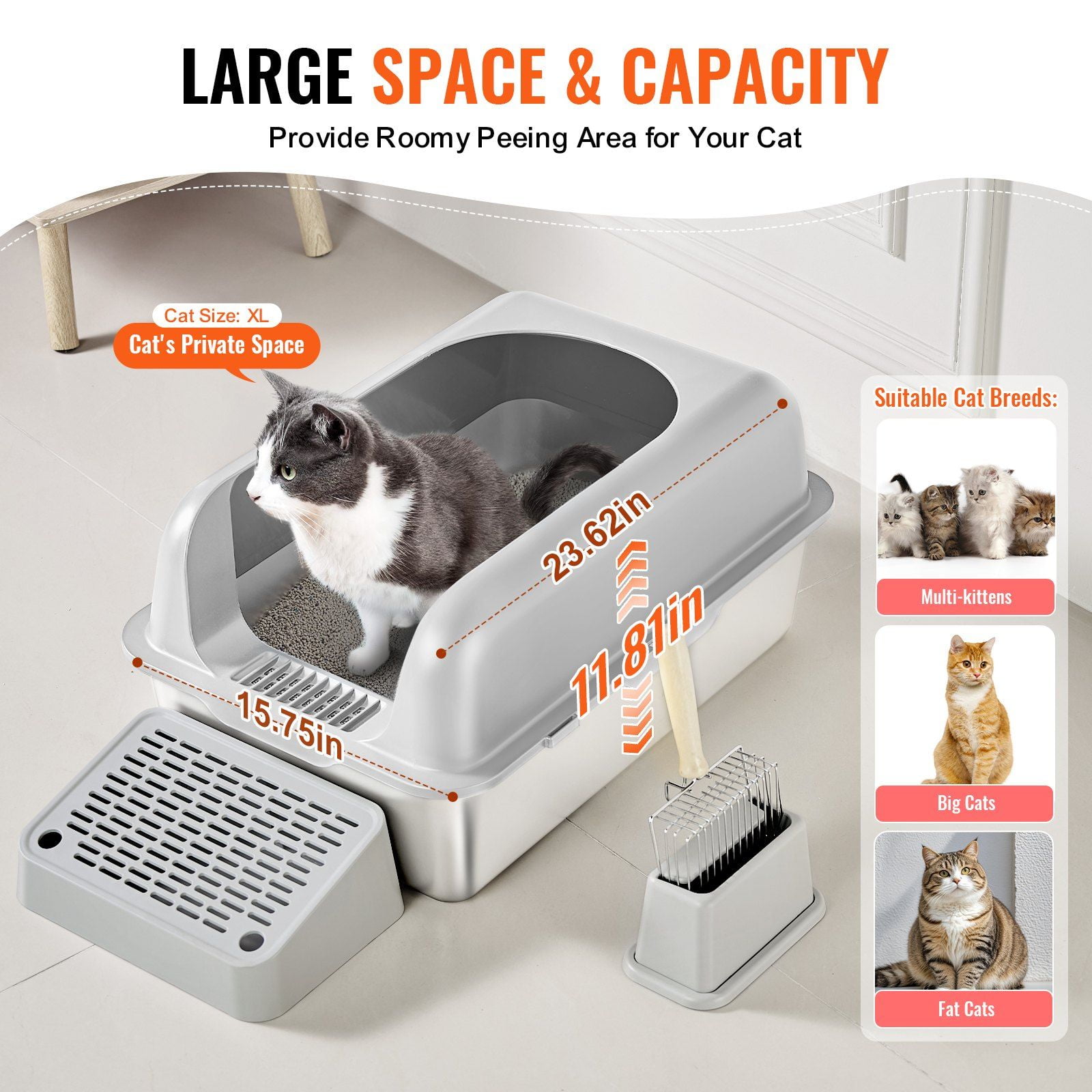 6-in-1 Deep Cat Litter Box – Odor-Free with Filtering Footboard, Large Capacity, Non-Stick, Easy Clean, for Multi-Cat Homes