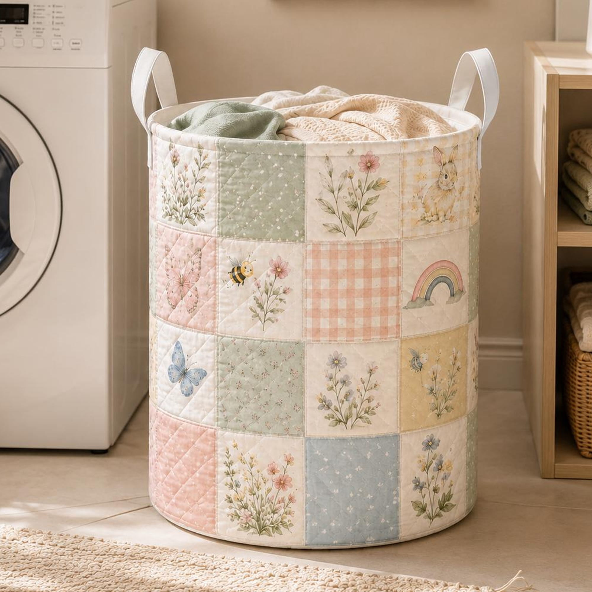 Woodland Animal Bunny Style Laundry Basket Forest Nursery Hamper Floral Kids Room Storage Decor