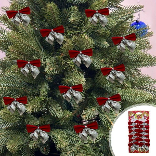 Decoraciones para lazos del árbol de Navidad | Mini lazos preatados, pack de 12, multicolores con purpurina dorada, material plástico, 9,45"x5,51" cada uno | Fiestas, fiestas, regalos, coronas