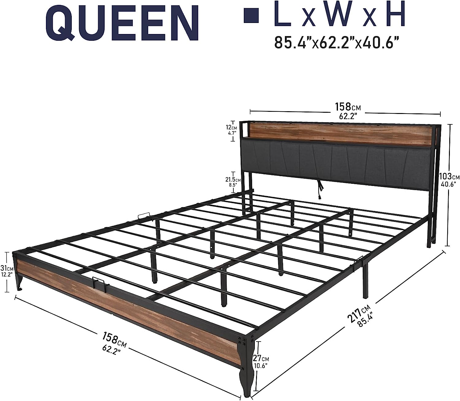 LED Queen Size Bed Frame with Outlets & USB/Type-C Port and Storage Headboard, Industrial Metal Platform Bed with Charging Station for Bedroom(Tan #No Drawer-Queen) - image 5 of 10