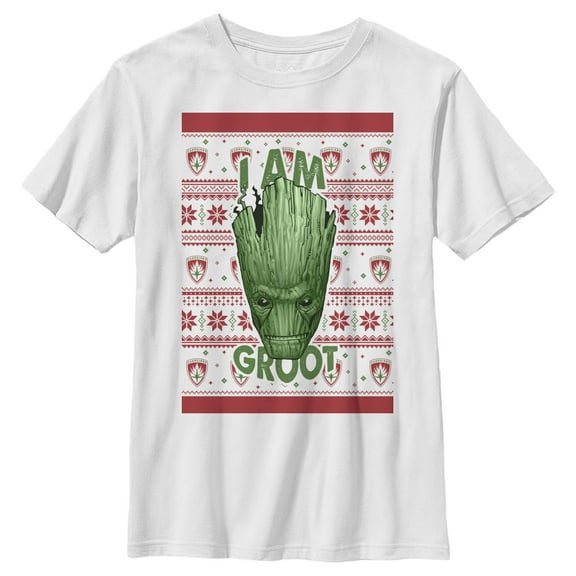 Boy's Marvel Ugly Christmas Guardians of the Galaxy Groot Portrait  Graphic Tee White X Small