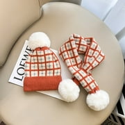 Winter Pompom Baby Children Plaid Beanie Accessories Hat and Scarf Sets Knitted Neckerchief Scarf suit ORANGE