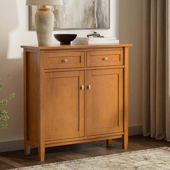 Simpli Home Warm Shaker 36 inch Wide Solid Wood Transitional Entryway Storage Cabinet in Light Golden Brown