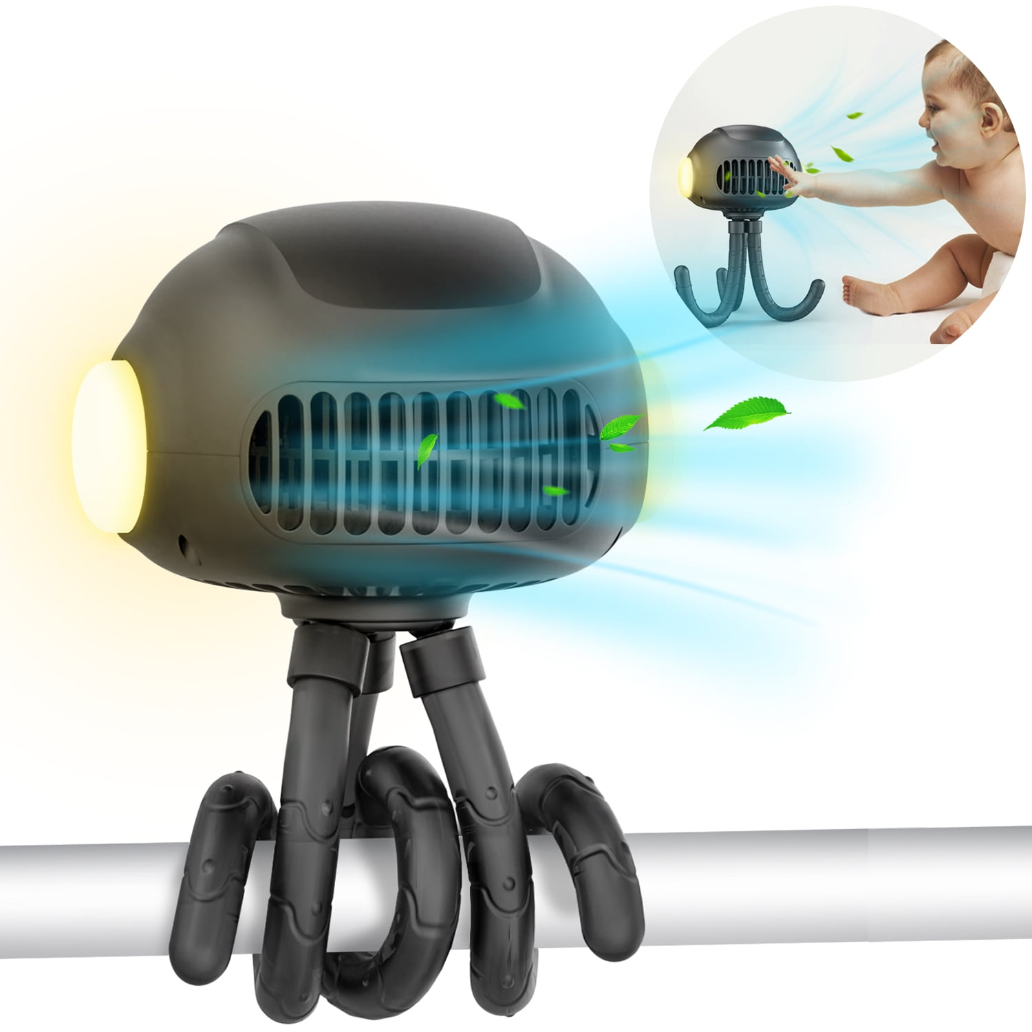 Mamtopia Baby Stroller Fan with Night Light Rechargeable Bladeless Fan with Flexible Tripod Black