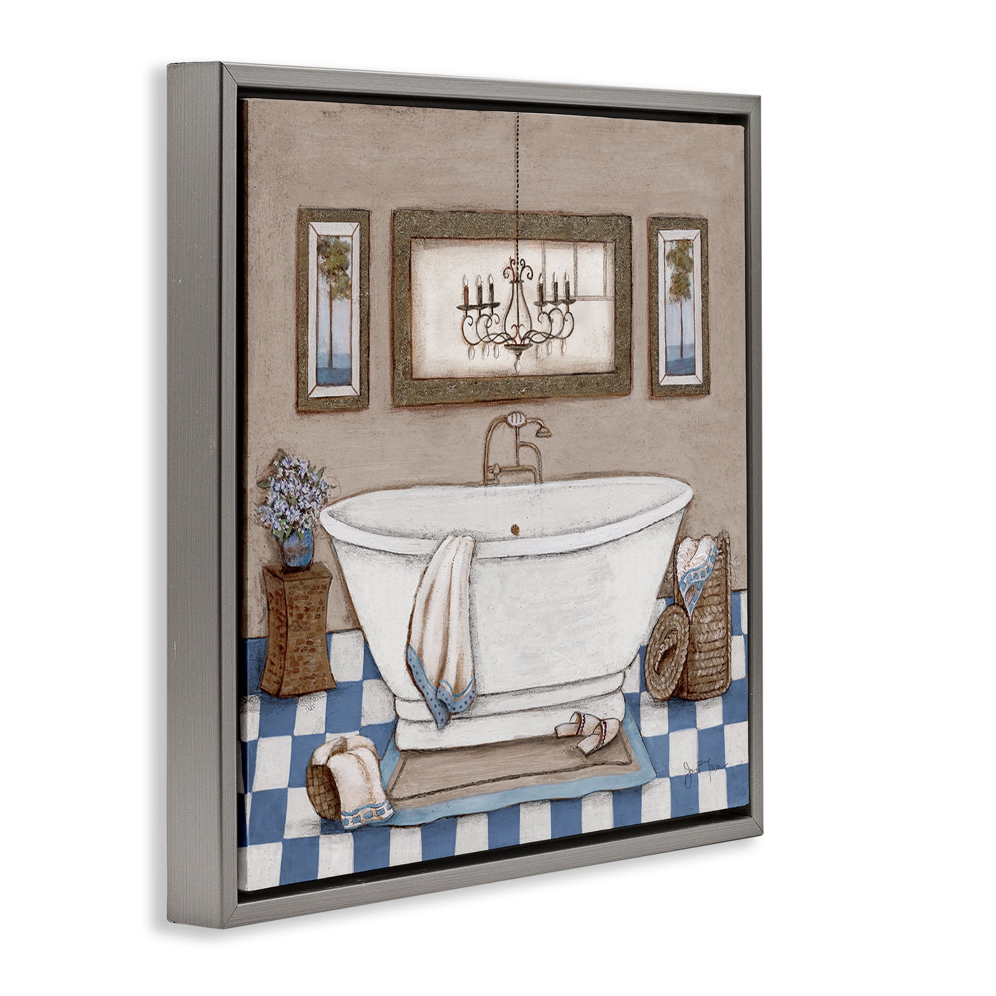 Stupell Industries Checkered Bathroom & Chandelier Gray Framed Floater Canvas Wall Art, design by Janet Tava