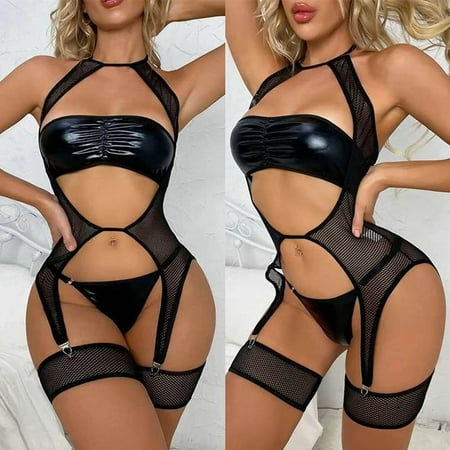 

Ruziyoog Sexy Women Lingerie Leather Halter Temptation Babydoll Underwear Underpants Sleepwear Thong T-String Leg Ring Suit Black M