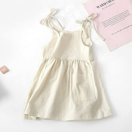 

nsendm Toddler Kids Girls Soild Cotton Linen Pockets Sleeveless Beach Straps Dress Princess Simple Formal Dress Patterns Dress Beige 5-6 Years