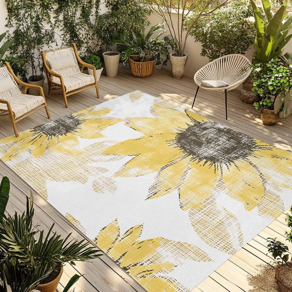 Fsddascl Yellow Sunflower Outdoor Rug for Patio/Deck/Porch, Non-Slip Large Area Rug 4 x 6 Ft, Spring Summer Floral Botanical Retro Indoor Outdoor Rugs Washable Area Rugs, Camping Rug Carpet