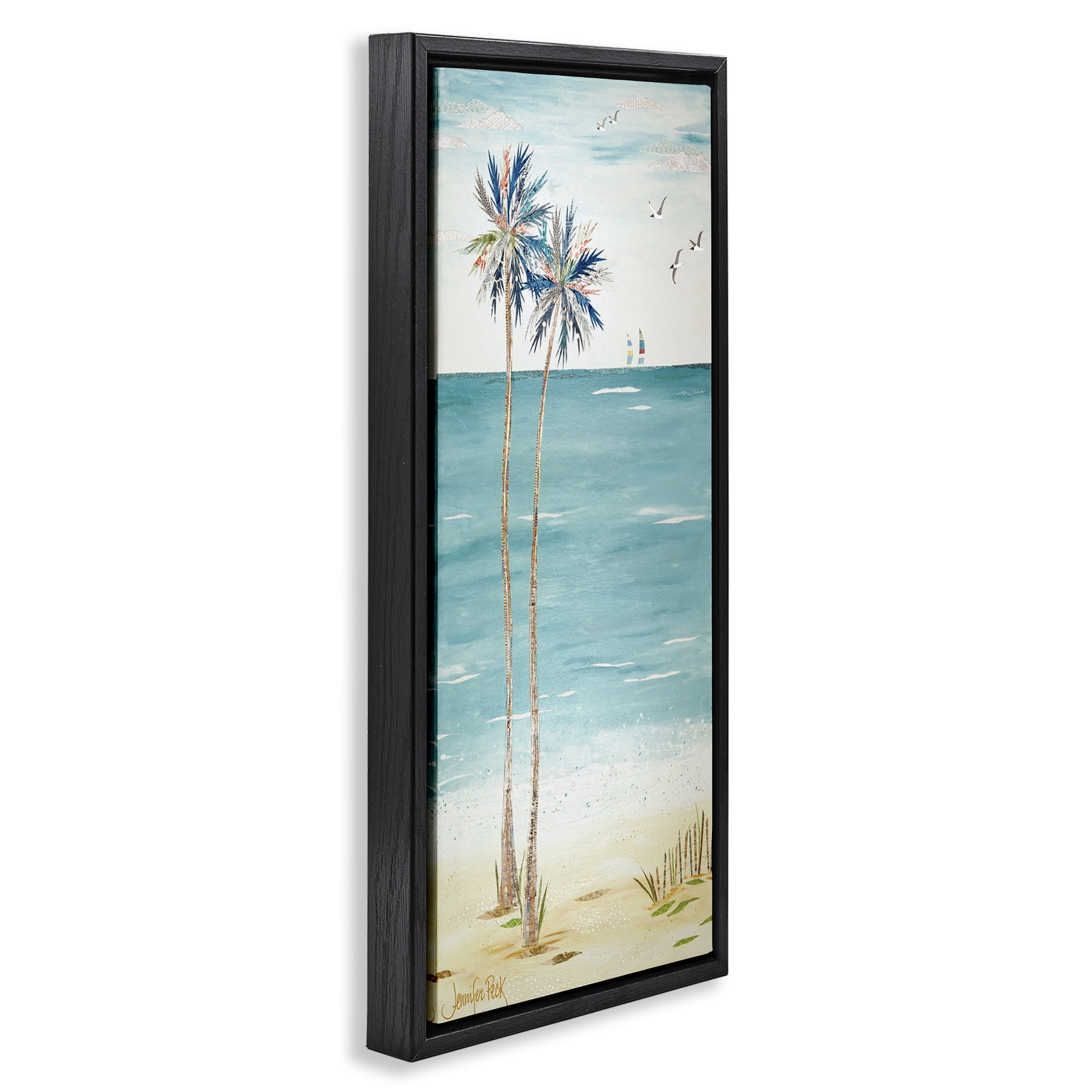 Stupell Industries Palms & Distant Boats Landscape Painting Black Floater Framed Canvas Art Print Wall Art, 11 x 25