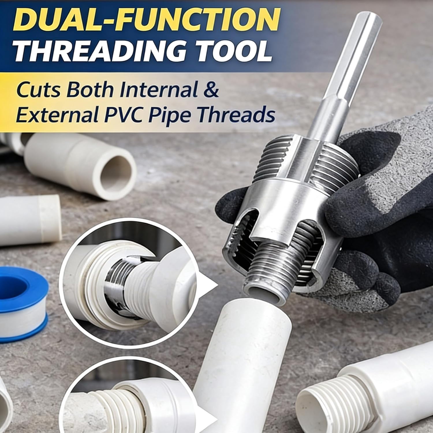 PVC Pipe Threader, Internal & External Pipe Threading Tool, 1/2'' 3/4'' 1'' Dies Electric Drill Compatible PPR MPP Plastic Pipes, Leak-Proof Plumbing, Irrigation & Home Repair (1/2"+3/4"+1")