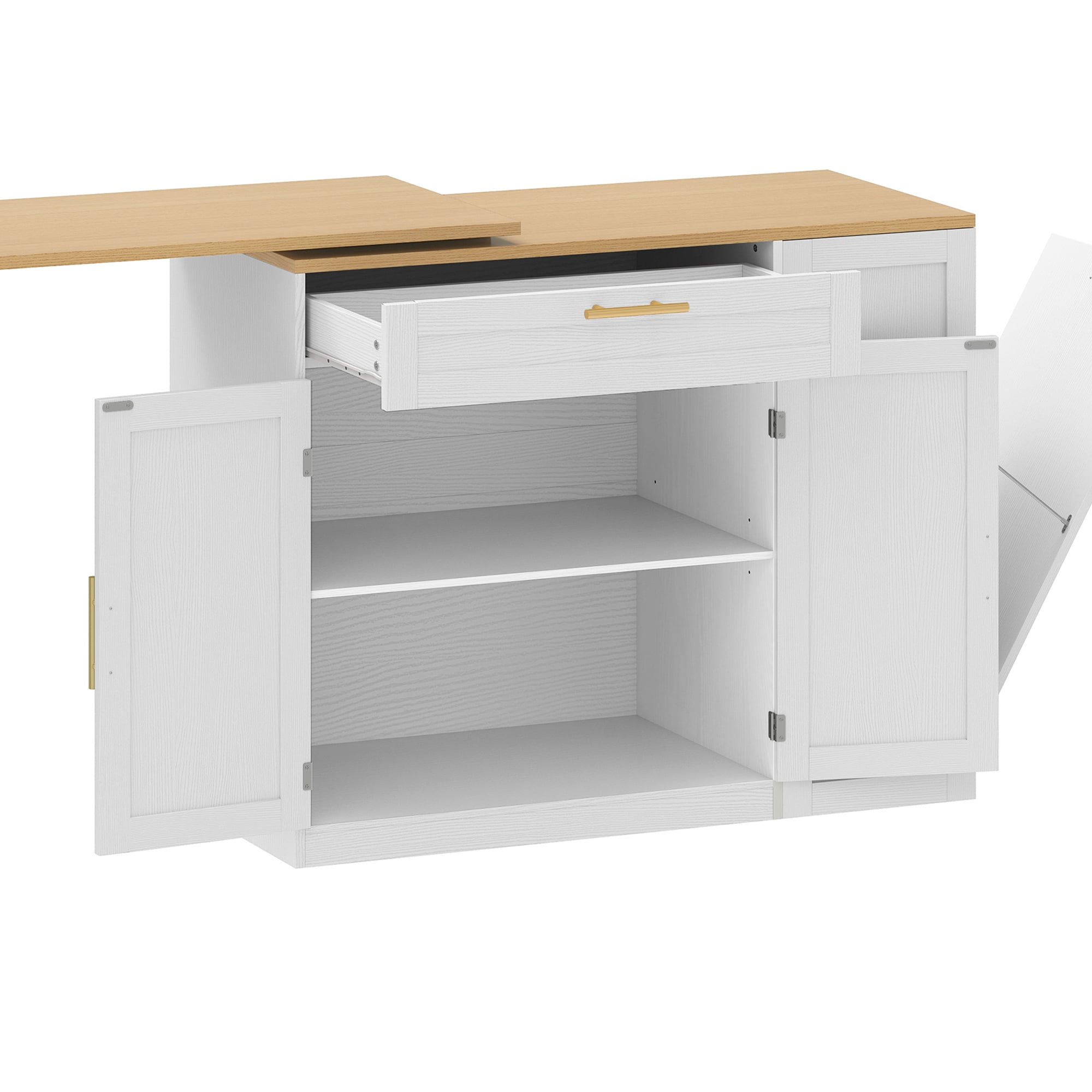 Uforic Extendable Kitchen Island with Power Outlets & 2 Stools, Kitchen Island Cart with Trash Storage Compartment, White