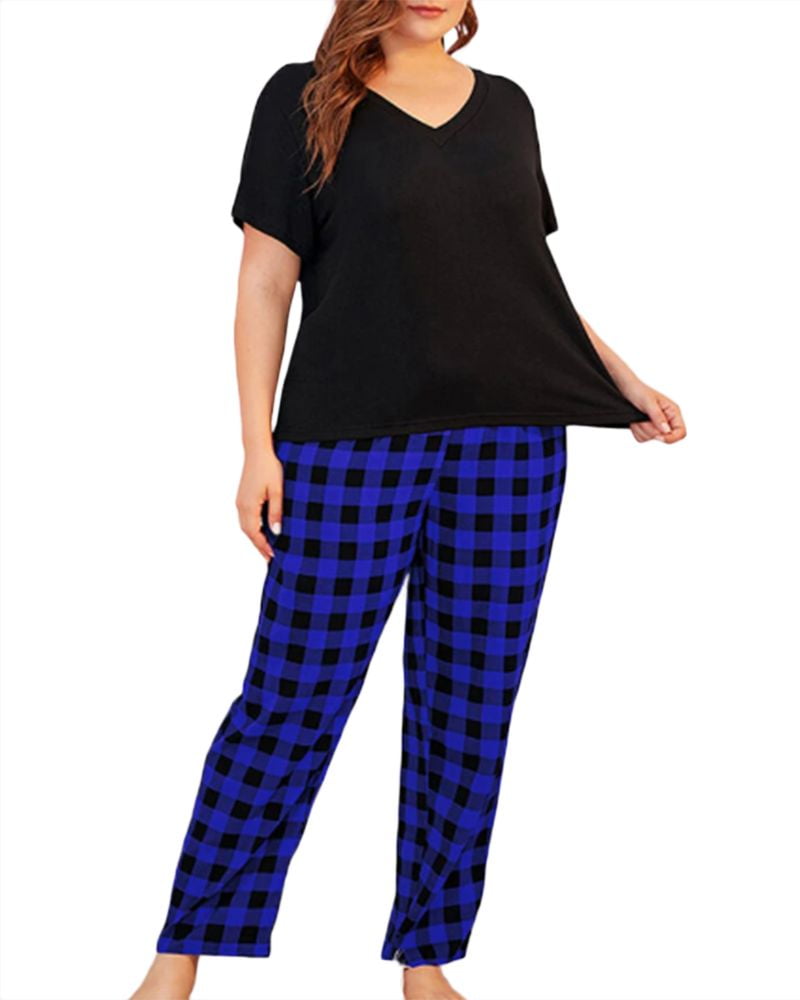 Fueri Women Plus Size Pajamas Set Plaid Lounge Pants VNeck Short