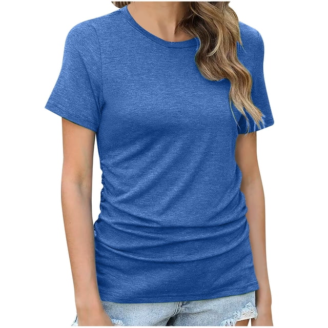 AherBiu Short Sleeve Tops for Women Crewneck Ruched Comfy Basic Summer Casual Loose Top Tees Shirts