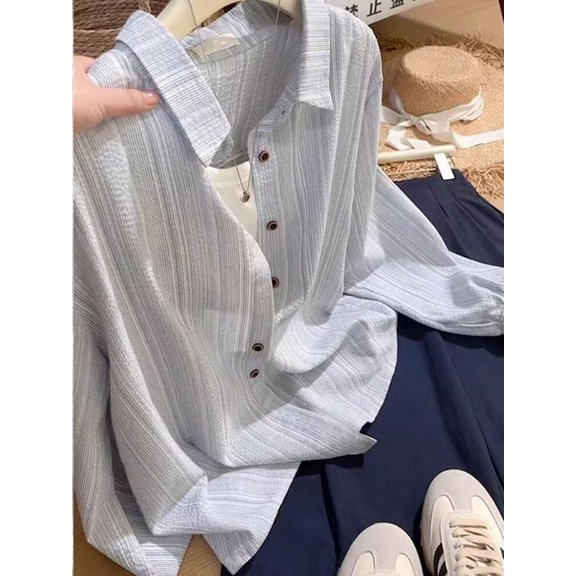 Women Regular‑Fit Striped Collared Long‑Sleeve Button‑Up Shirt, Casual Daily Blouse
