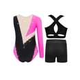 thumbnail image 2 of inlzdz Dance Unitards for Girls Shiny Rhinestones Color Block Asymmetrical Skating Leotard with Hot Pink 14, 2 of 5