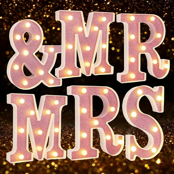 Micrency 6 Pcs Mr and Mrs LED Sign  Neon Mr and Mrs Sign for Wedding Table Heart Romantic Candles Light up Letters for Romantic Night Decor(Pink) ﻿