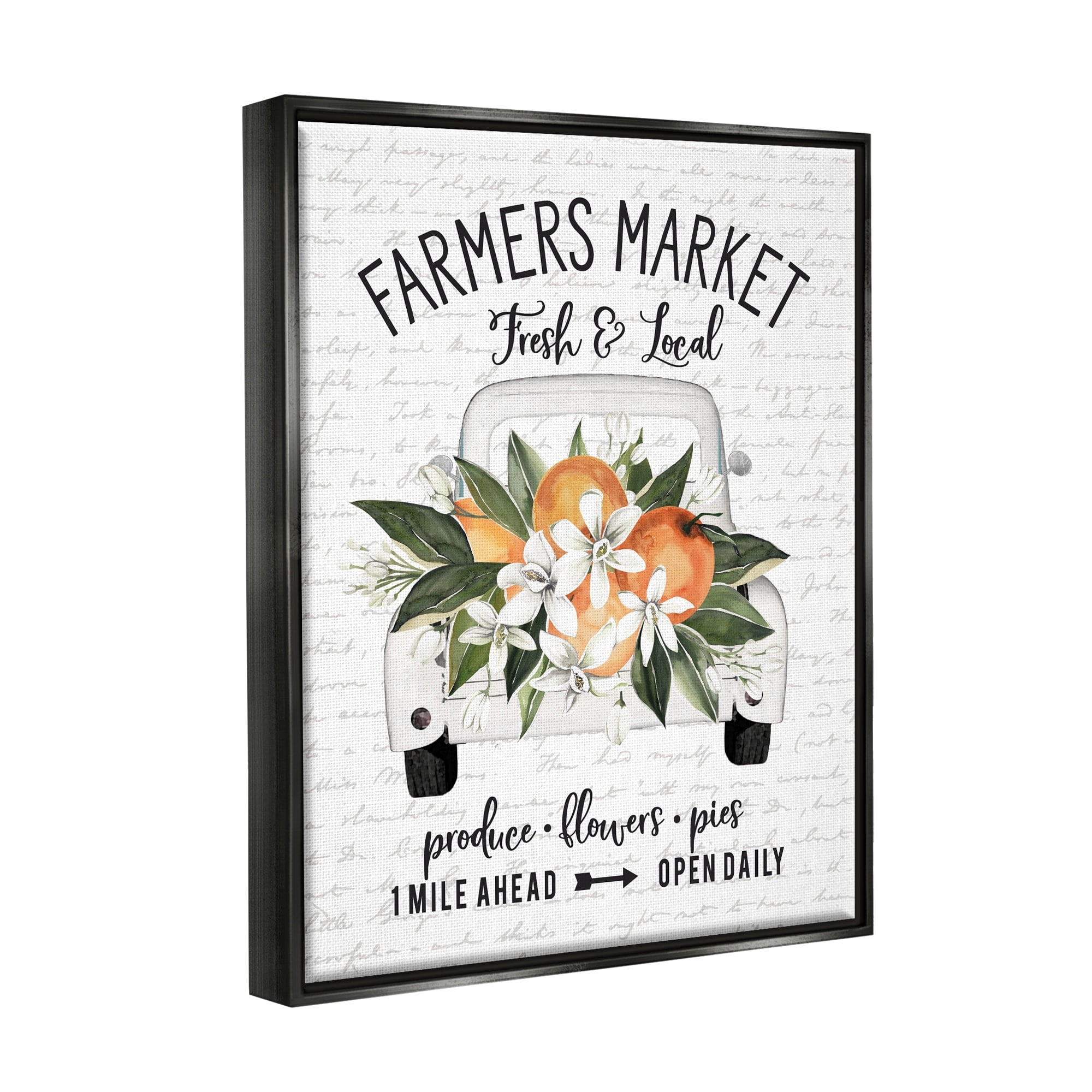 Stupell Industries Farmers Market Orange Blossom Truckload Rustic Sign Graphic Art Metallic Gold Floating Framed Canvas Print Wall Art, Design by Lettered and Lined