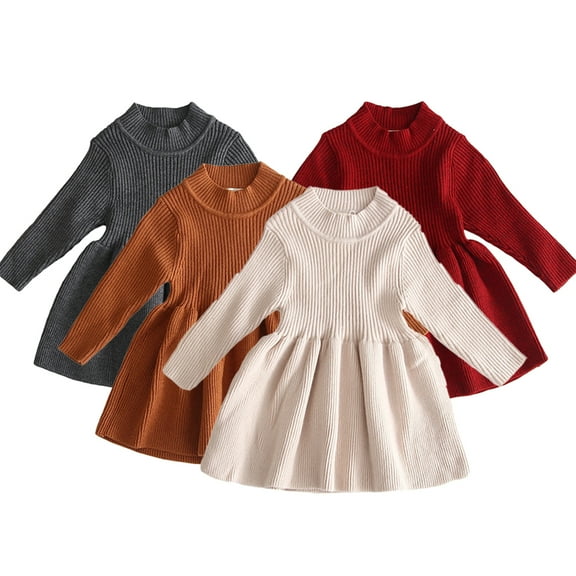 Godderr Baby Toddler Girl's Knitted Dress 6M-3T Long Sleeve Casua Dress Kids High Collar Party Dress Infant Dress Sweater Dress