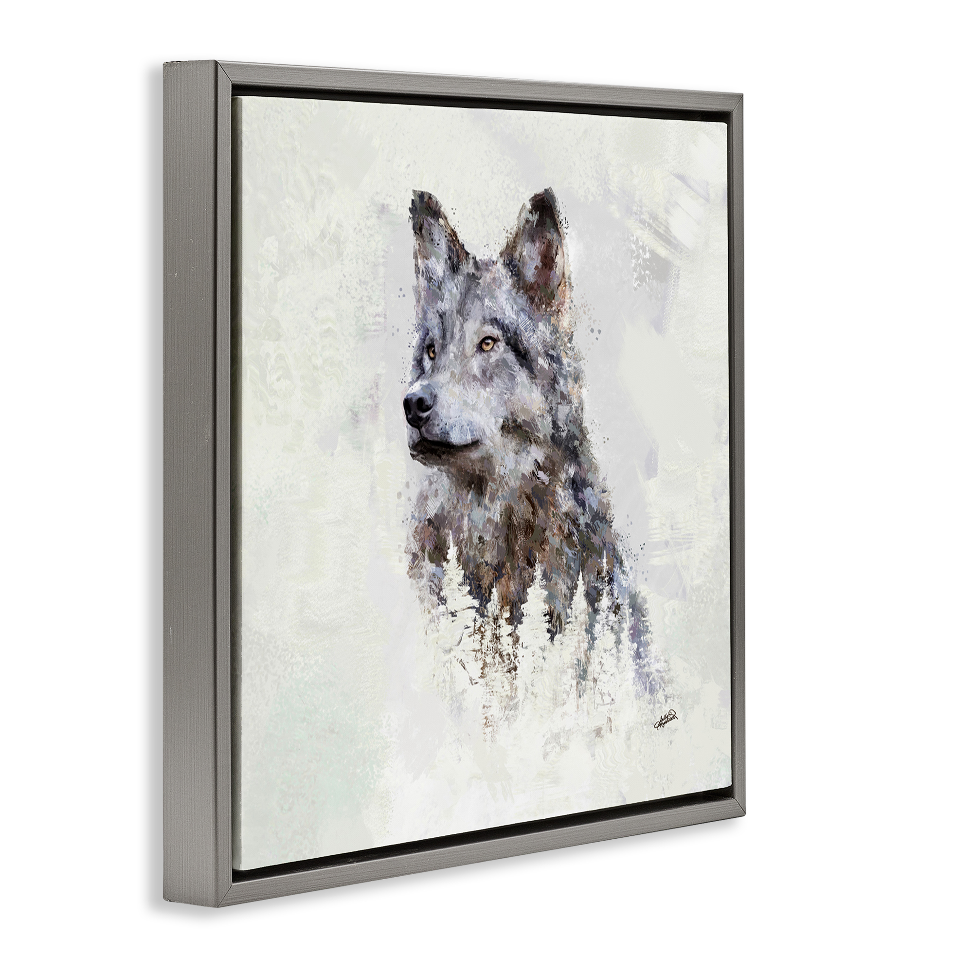 Stupell Industries Rustic Wolf & Trees Animals & Insects Painting Gray Floater Framed Canvas Art Print Wall Art, 18 x 18